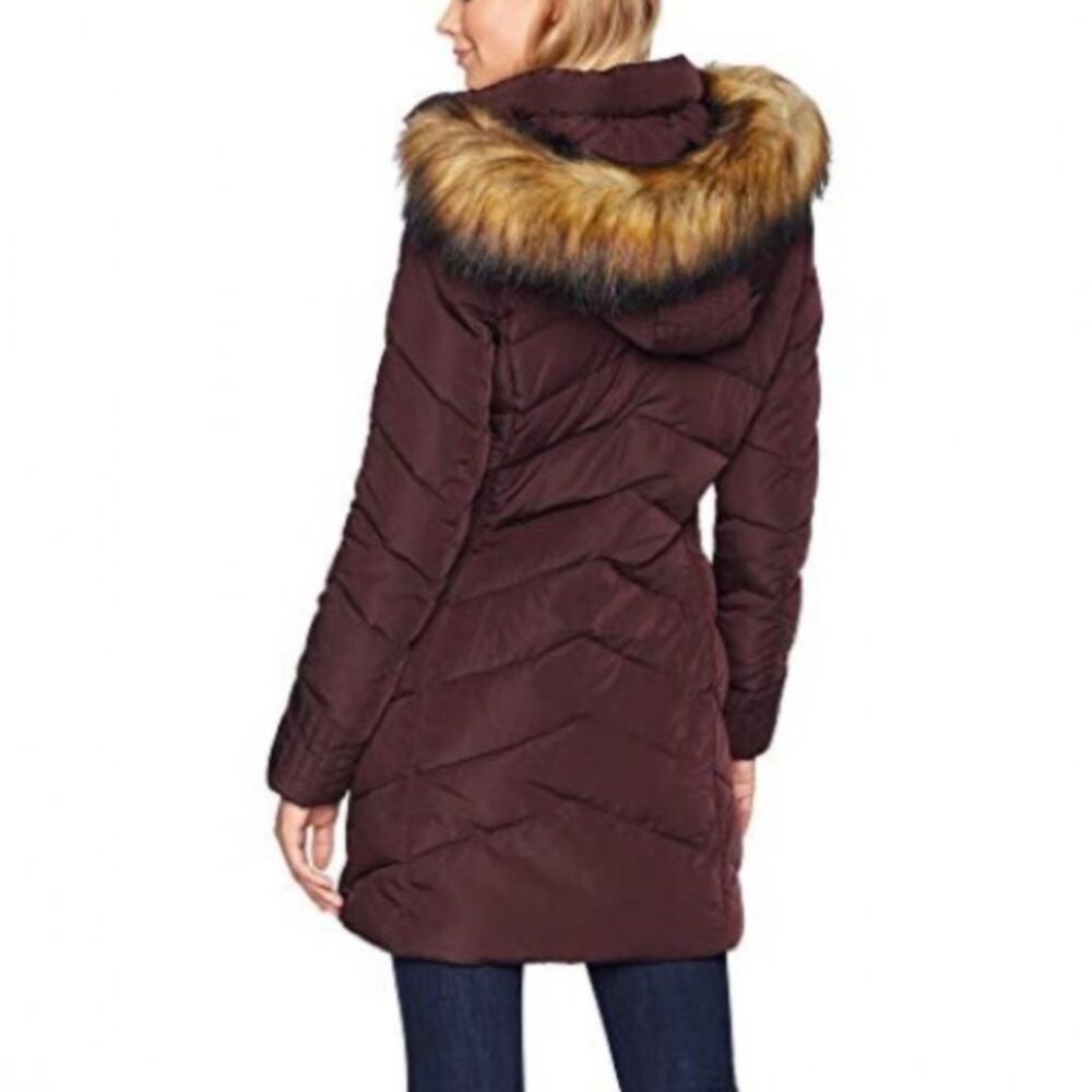 Ivanka Trump Burgundy Puffer Coat Down Hooded Coat Faux Fur Hood Small - Picture 2 of 8